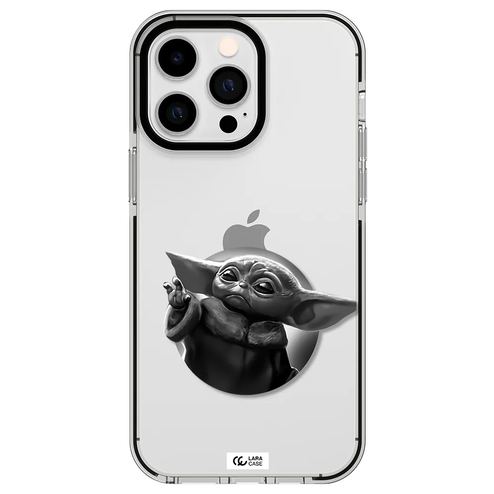 a black and white image of a baby yoda Apple iPhone 15 Pro Max impact black border Case