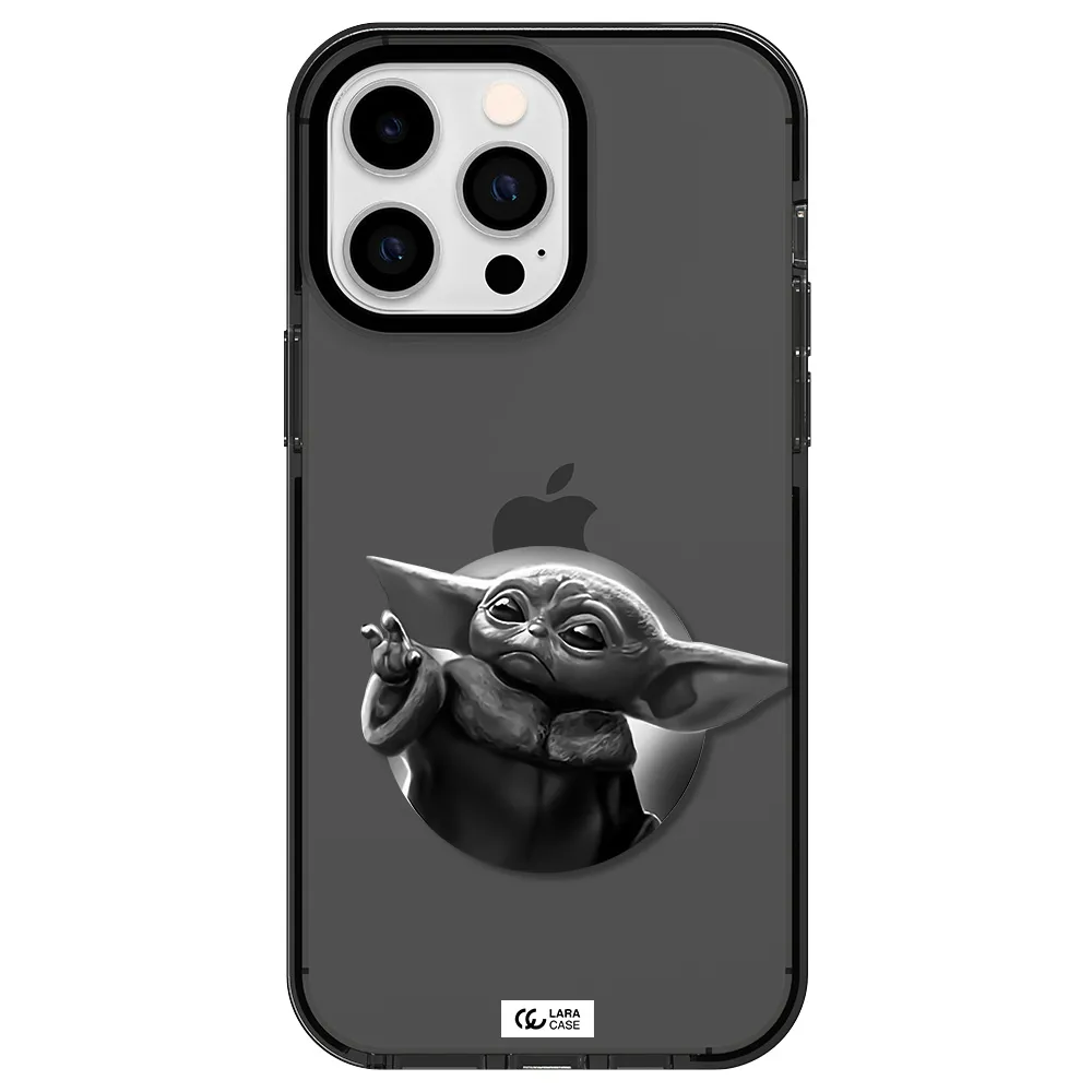 a black and white image of a baby yoda Apple iPhone 15 Pro Max impact Smoke Black Case