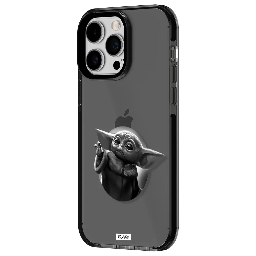 a black and white image of a baby yoda Apple iPhone 15 Pro Max impact Smoke Black Case