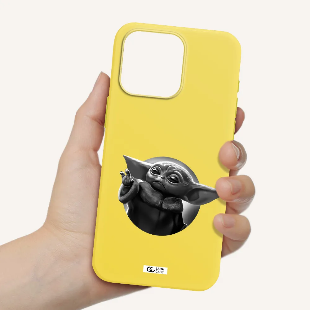 a black and white image of a baby yoda Apple Iphone 15 Pro max Silicone canary yellow Case