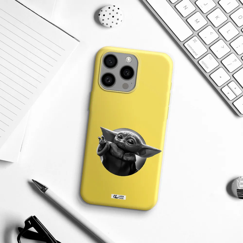 a black and white image of a baby yoda Apple Iphone 15 Pro max Silicone canary yellow Case