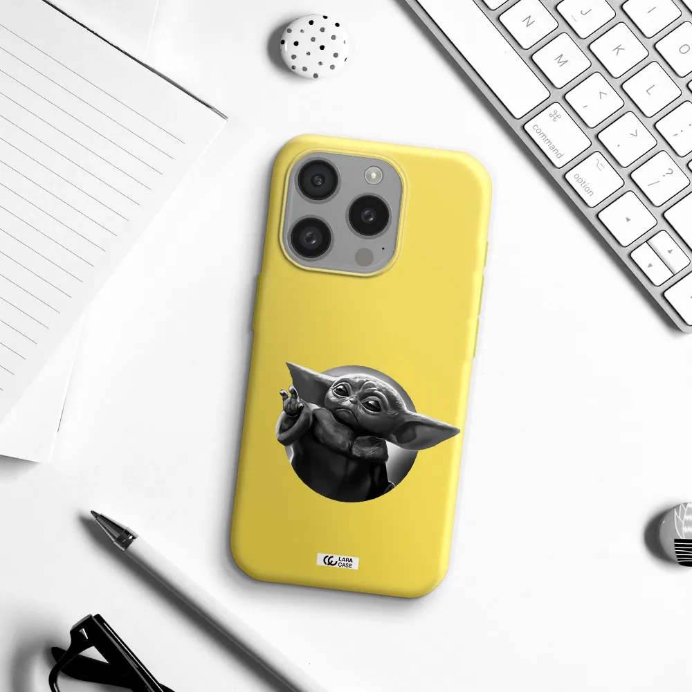 A Black And White Image Of A Baby Yoda Apple Iphone 15 Pro Silicone Canary Yellow Case
