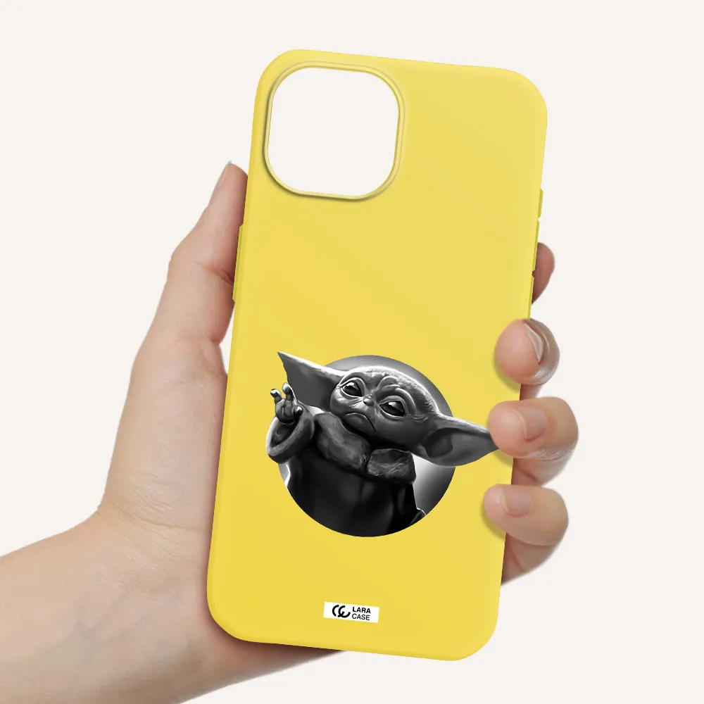 a black and white image of a baby yoda Apple iPhone 15 Silicone canary yellow Case