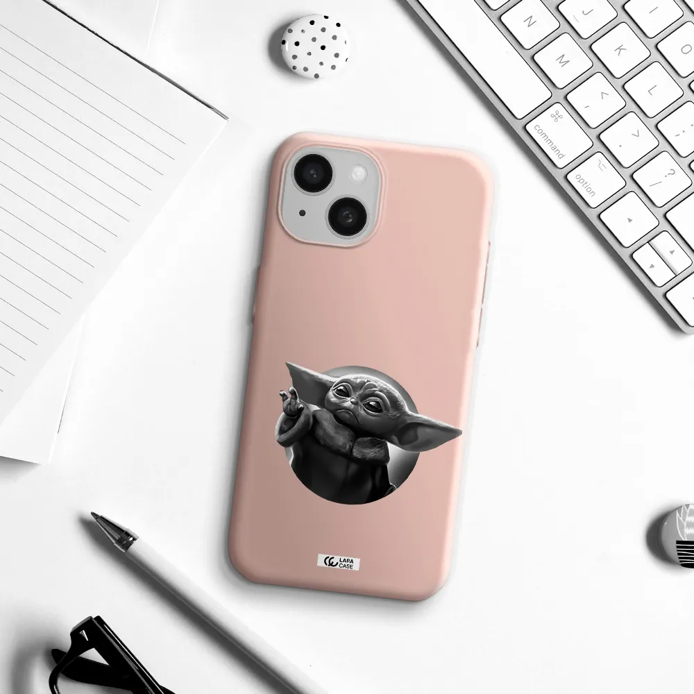 A Black And White Image Of A Baby Yoda Apple Iphone 15 Silicone Pastel Pink Case