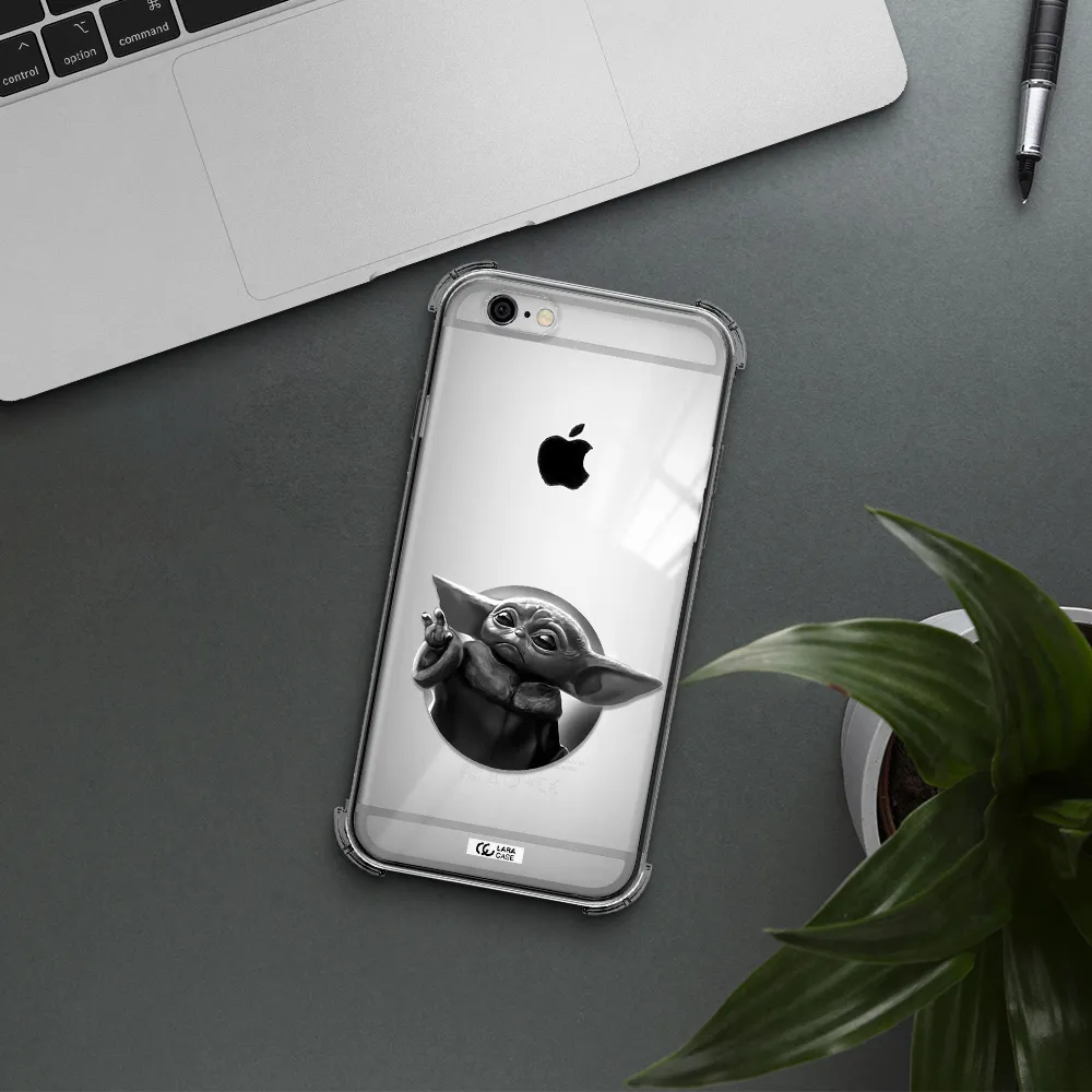 a black and white image of a baby yoda Apple iPhone 6 Clear PC Case