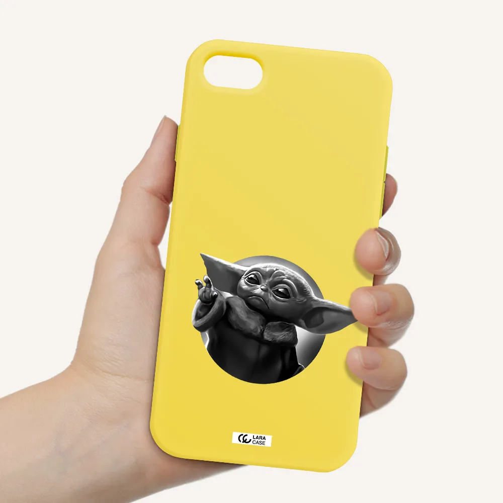 a black and white image of a baby yoda Apple iPhone 7 Silicone canary yellow Case