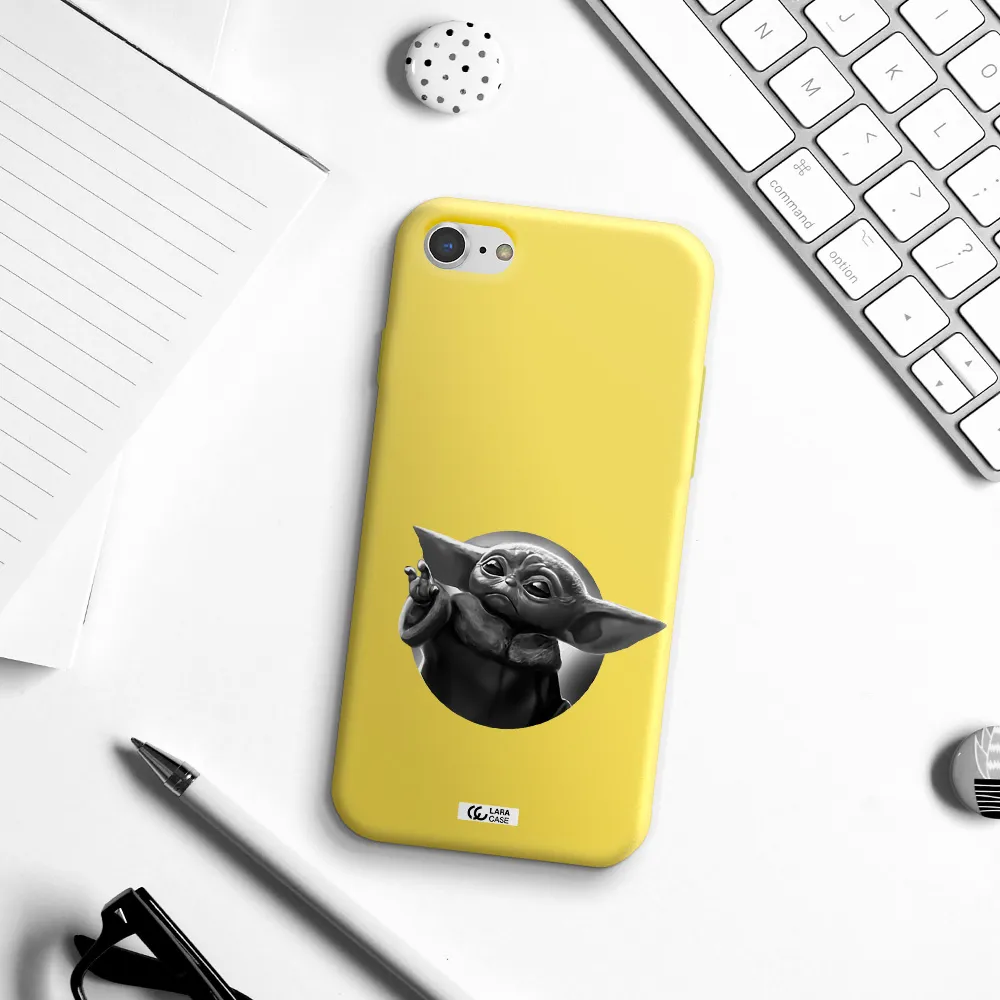 a black and white image of a baby yoda Apple iPhone 7 Silicone canary yellow Case