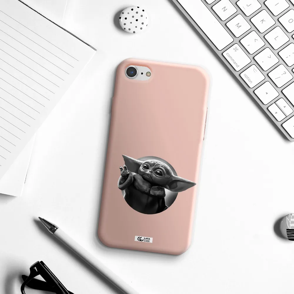 a black and white image of a baby yoda Apple iPhone 8 Silicone pastel pink Case