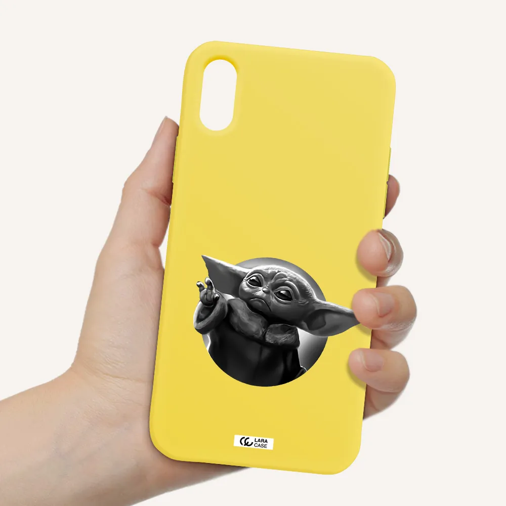 a black and white image of a baby yoda Apple iPhone X Silicone canary yellow Case