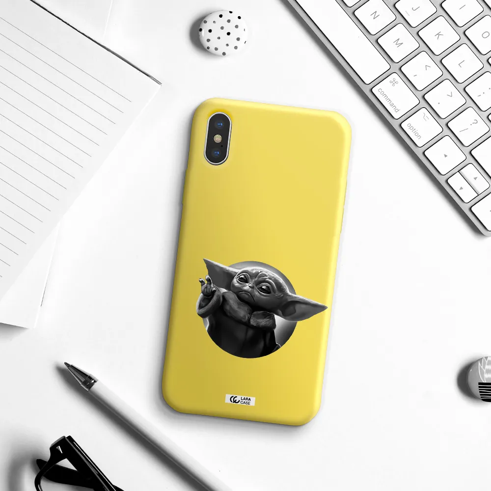 a black and white image of a baby yoda Apple iPhone X Silicone canary yellow Case