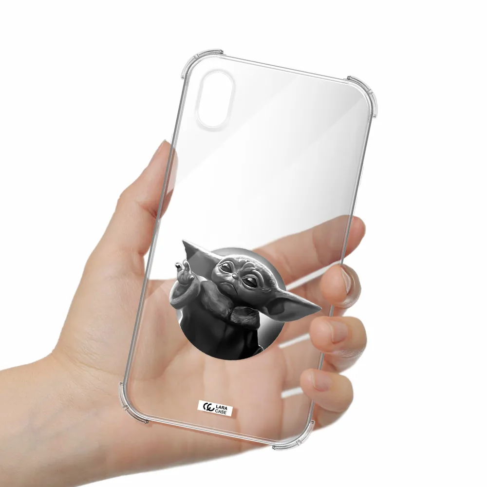 a black and white image of a baby yoda Apple iPhone XR Clear PC Case