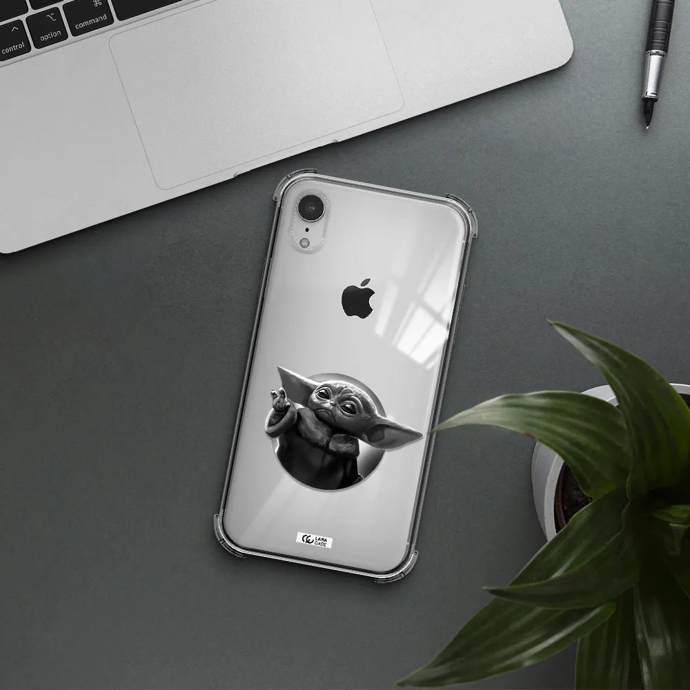 a black and white image of a baby yoda Apple iPhone XR Clear PC Case