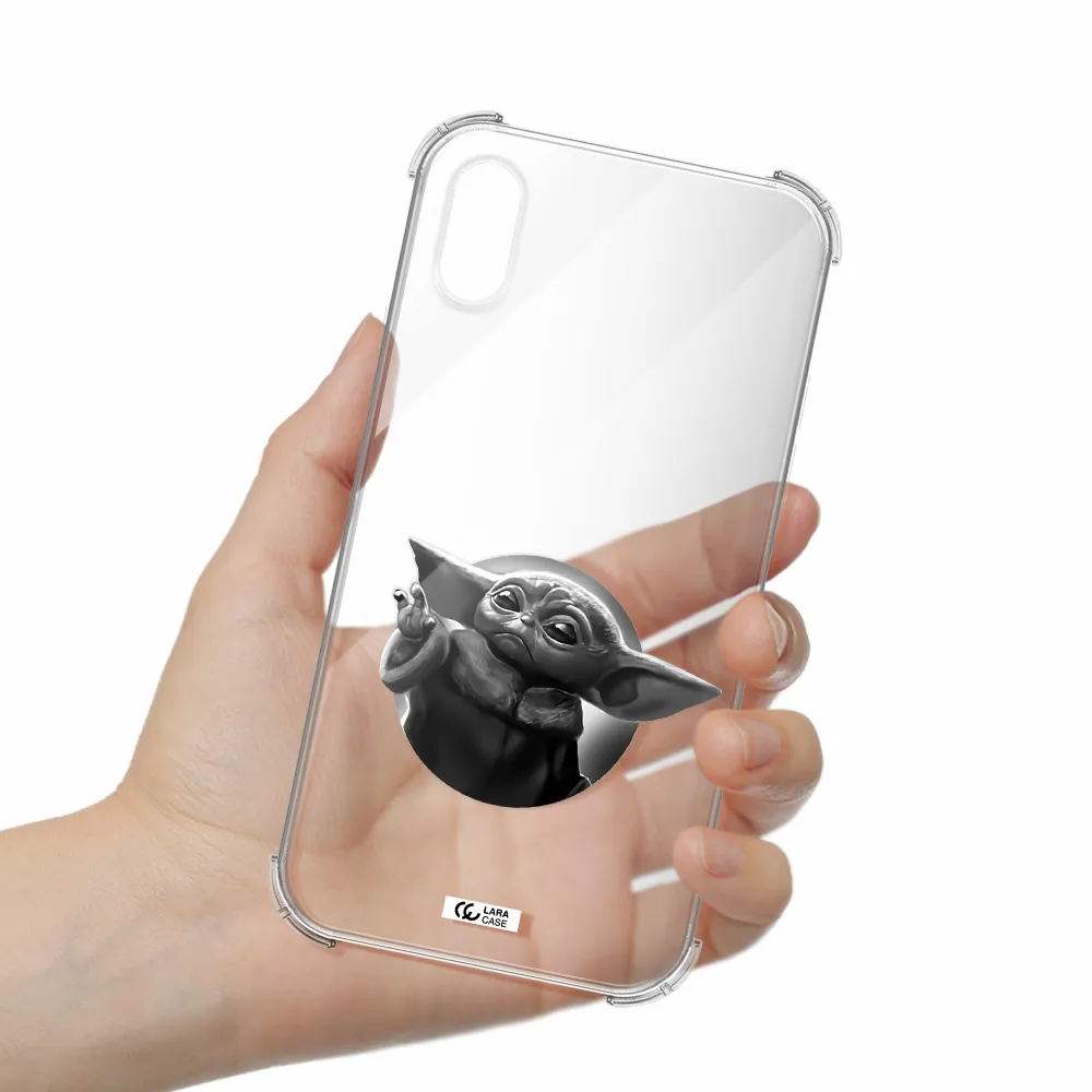 a black and white image of a baby yoda Apple iPhone XS Clear PC Case