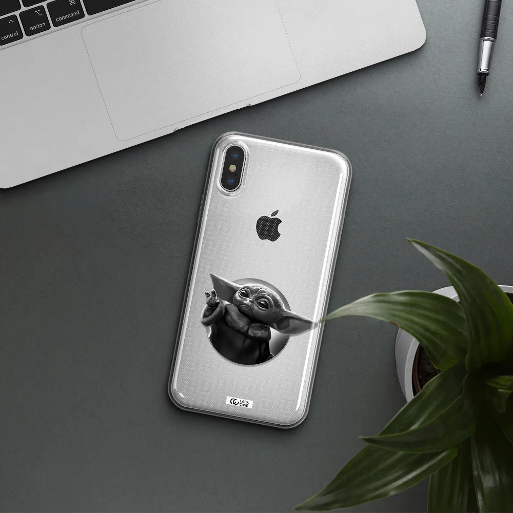 a black and white image of a baby yoda Apple iPhone XS Clear TPU Case