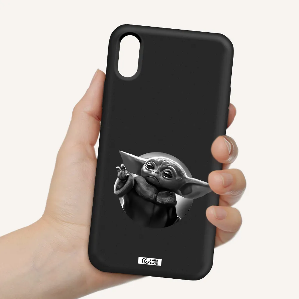 a black and white image of a baby yoda Apple iPhone XS Silicone black Case