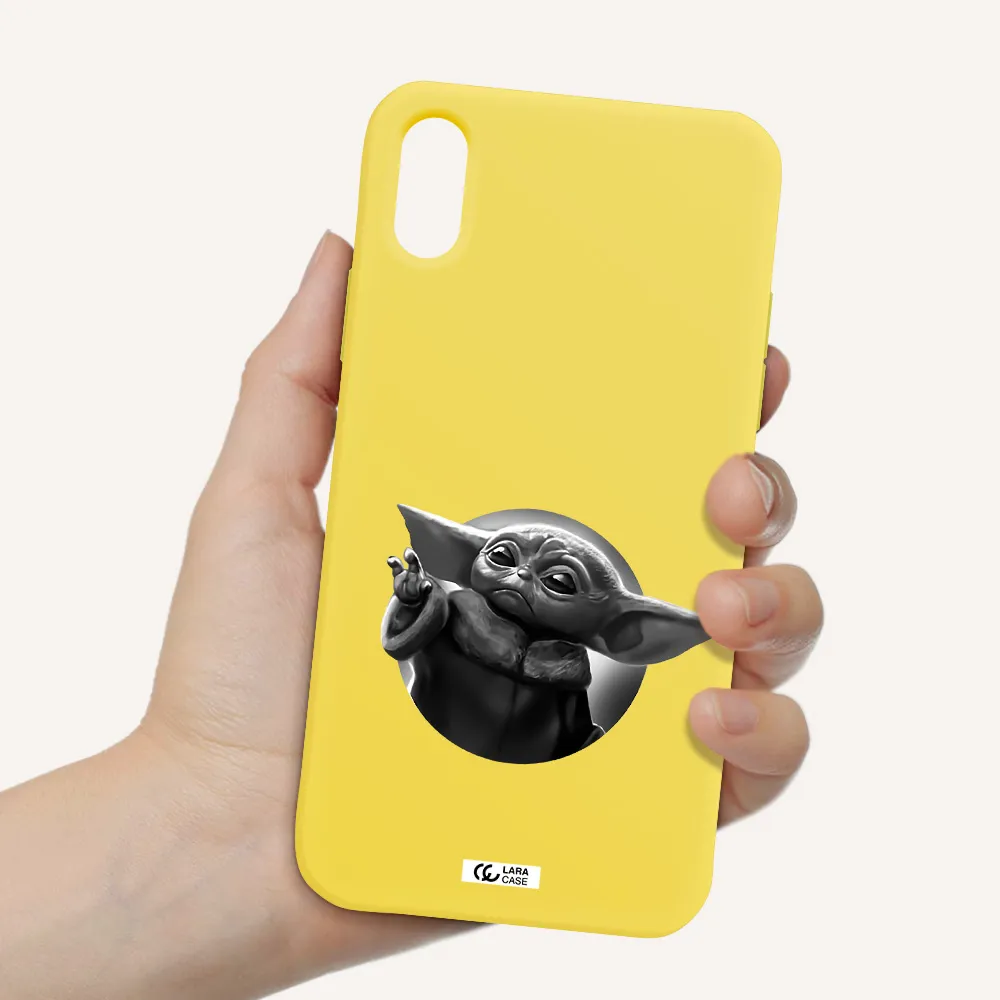 a black and white image of a baby yoda Apple iPhone XS Silicone canary yellow Case