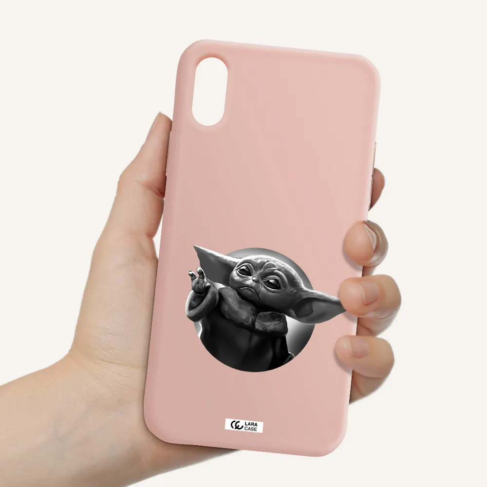 a black and white image of a baby yoda Apple iPhone XS Silicone pastel pink Case