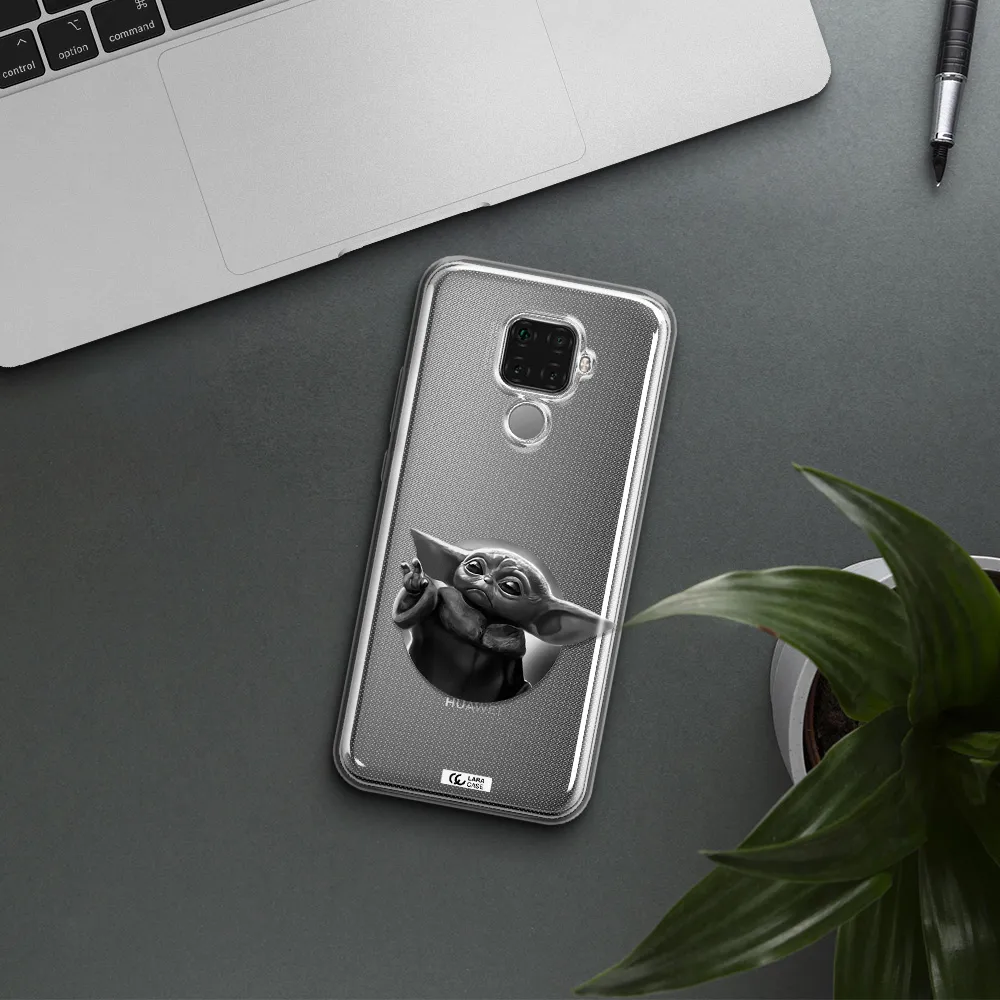 a black and white image of a baby yoda Huawei Mate 30 Lite Clear TPU Case
