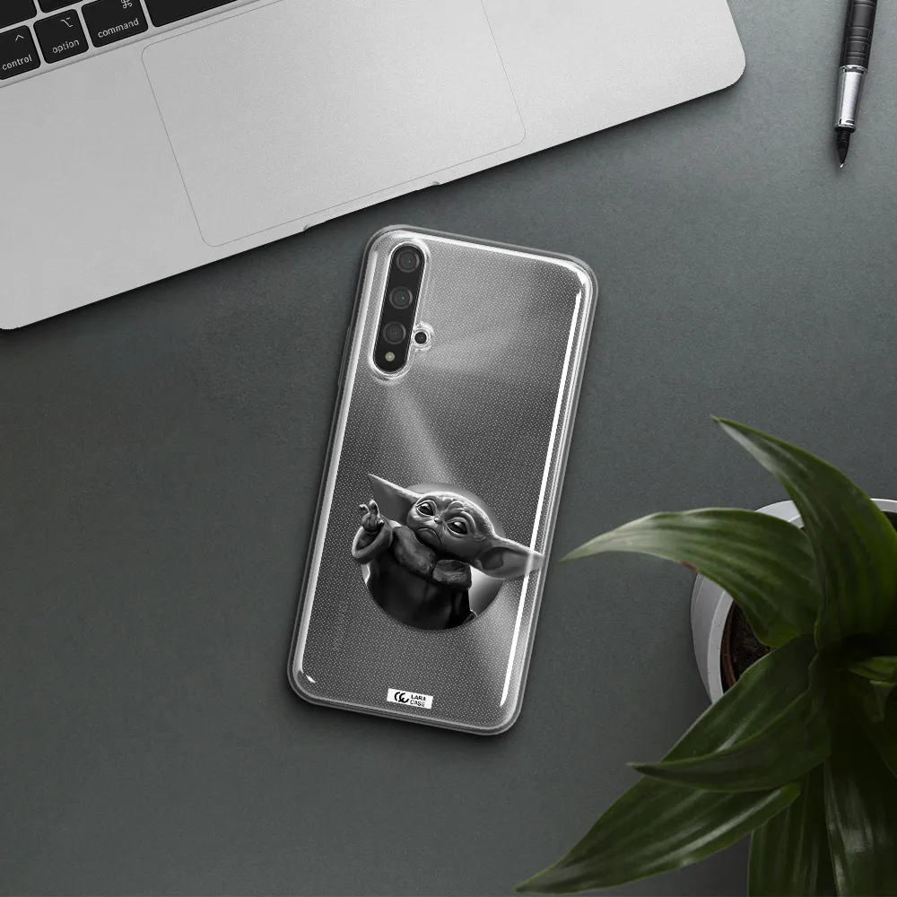 a black and white image of a baby yoda Huawei Nova 5t Clear TPU Case