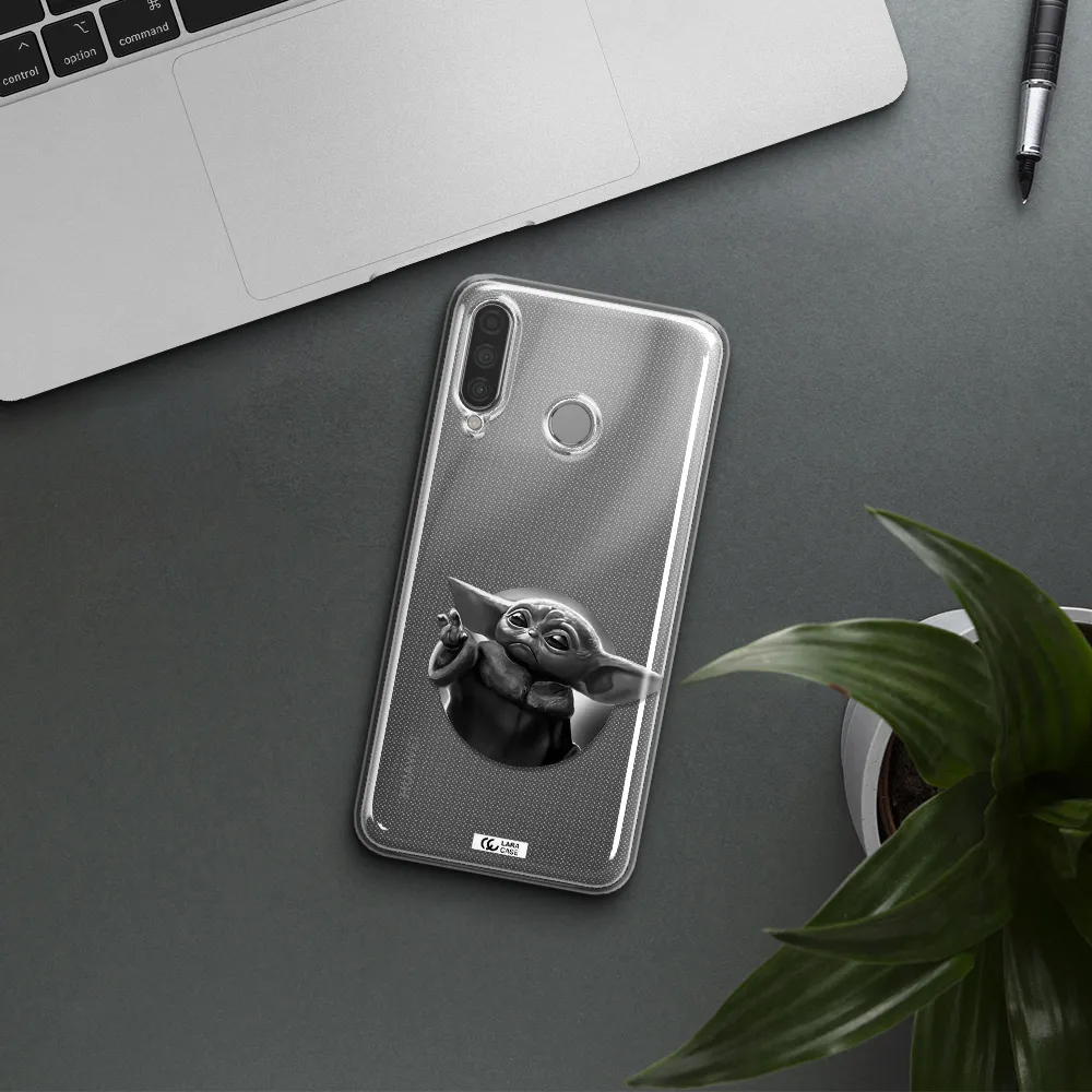 a black and white image of a baby yoda Huawei P30 Lite Clear TPU Case