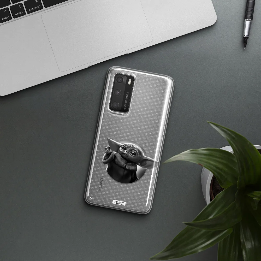 a black and white image of a baby yoda Huawei P40 Clear TPU Case