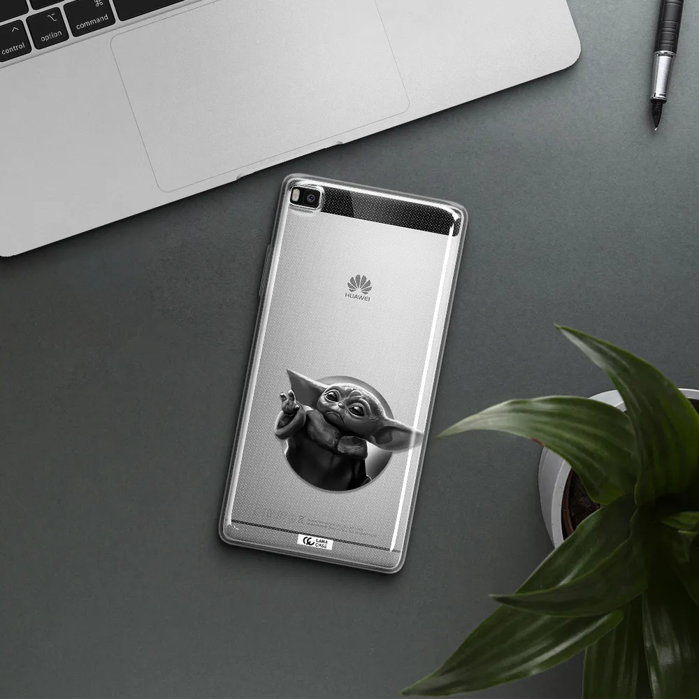 a black and white image of a baby yoda Huawei P8 Clear TPU Case