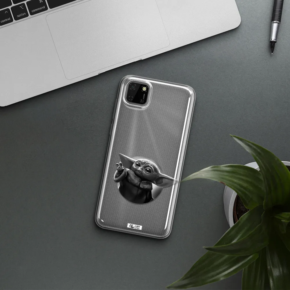 a black and white image of a baby yoda Huawei Y5P Clear TPU Case