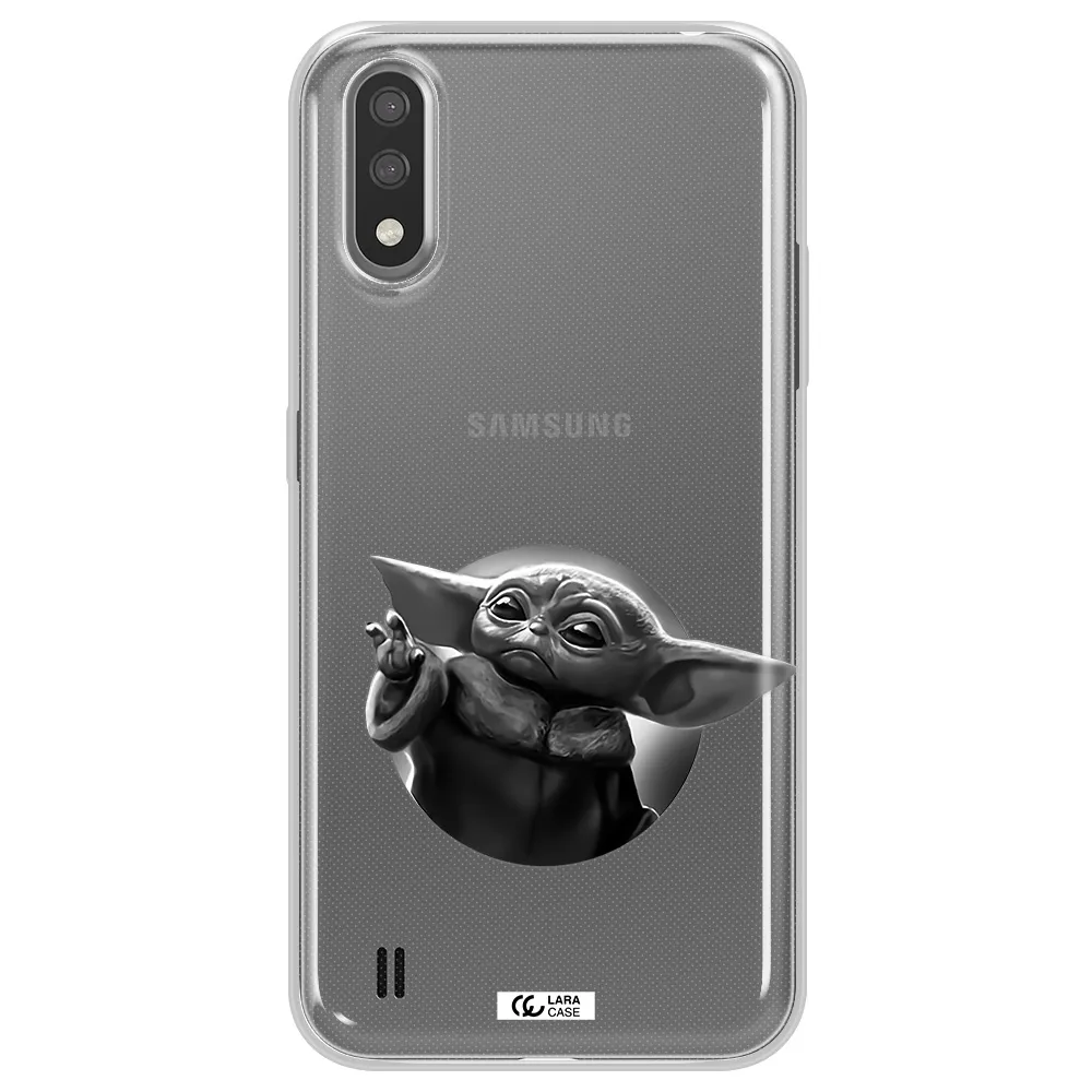 a black and white image of a baby yoda Samsung A01 Clear TPU Case