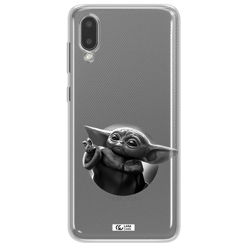 a black and white image of a baby yoda Samsung A02 Clear TPU Case