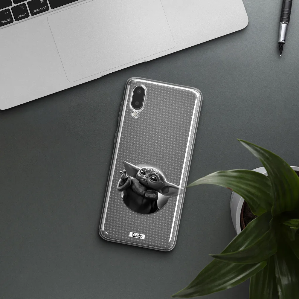 a black and white image of a baby yoda Samsung A02 Clear TPU Case