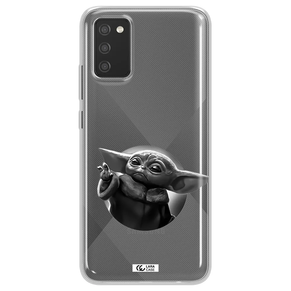 a black and white image of a baby yoda Samsung A02S Clear TPU Case
