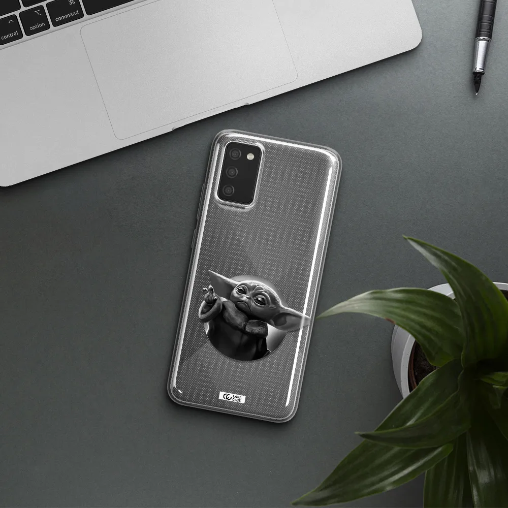 a black and white image of a baby yoda Samsung A02S Clear TPU Case