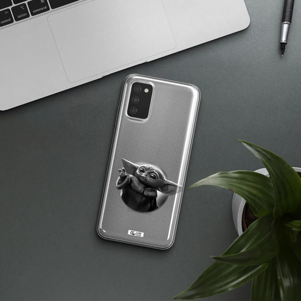 a black and white image of a baby yoda Samsung A03S Clear TPU Case