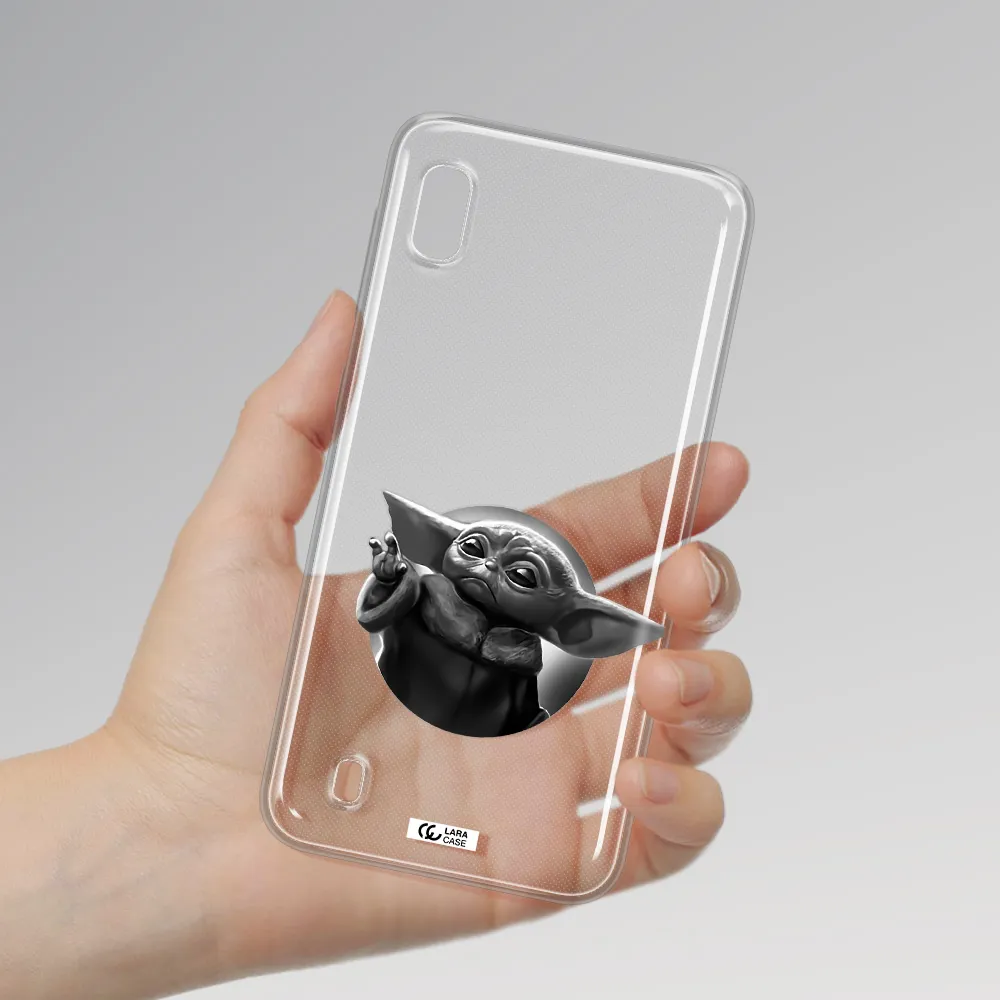 a black and white image of a baby yoda Samsung A10 Clear TPU Case