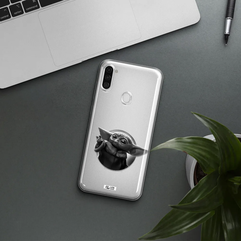 a black and white image of a baby yoda Samsung A11 Clear TPU Case