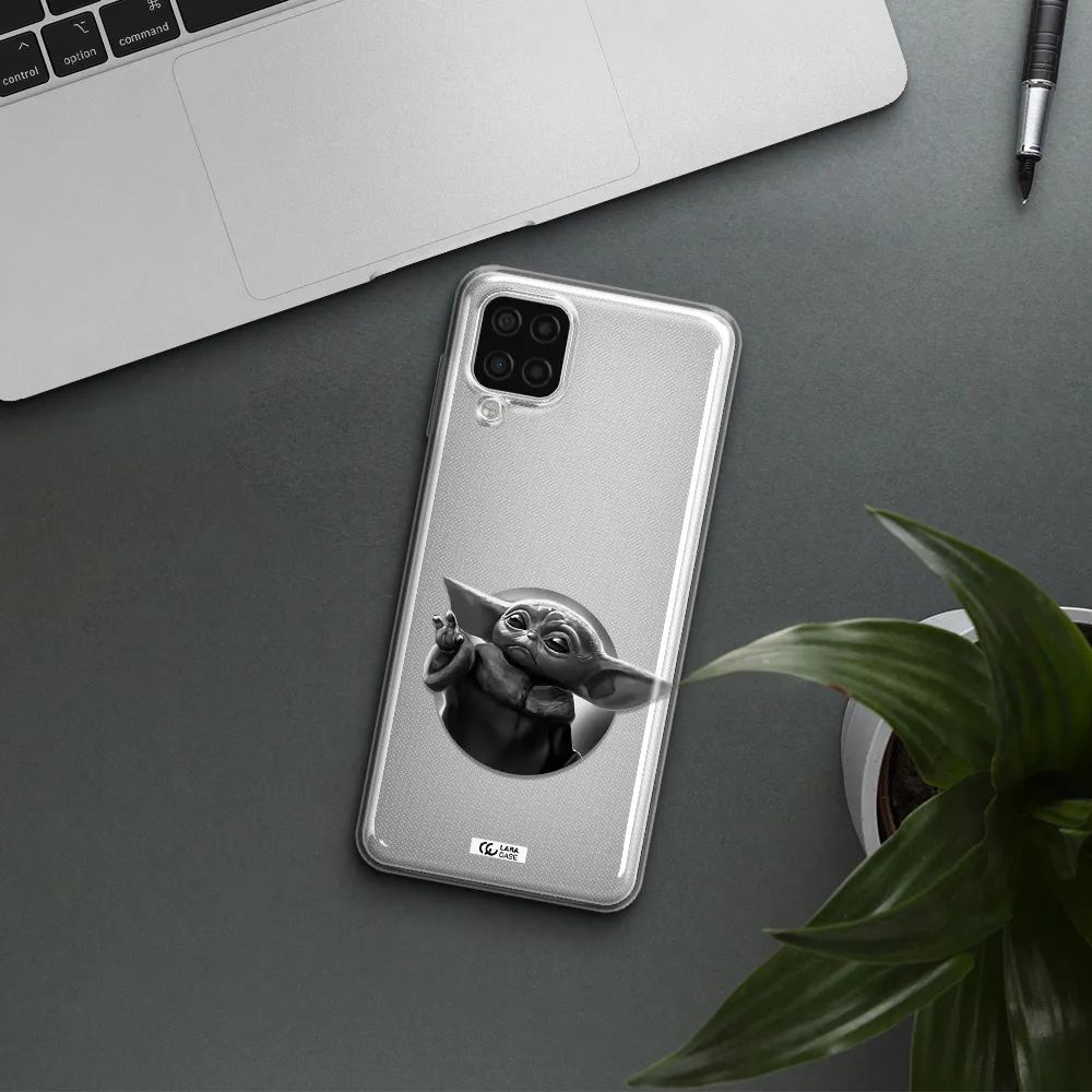 a black and white image of a baby yoda Samsung A12 4g Clear TPU Case