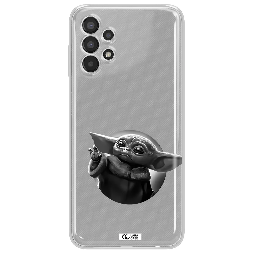 a black and white image of a baby yoda Samsung A13 Clear TPU Case