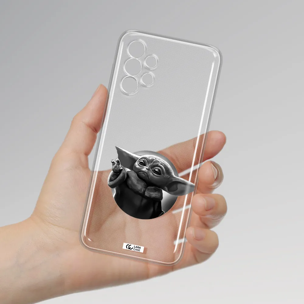 a black and white image of a baby yoda Samsung A13 Clear TPU Case