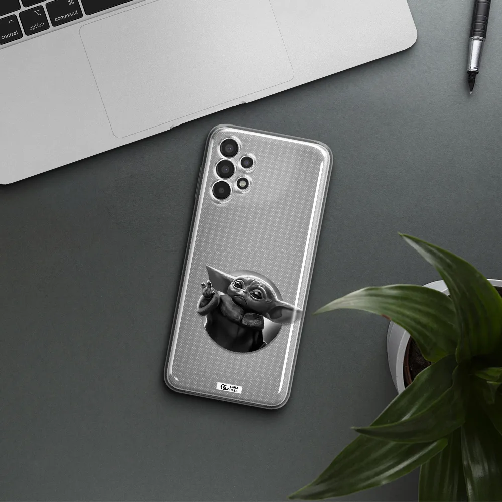 a black and white image of a baby yoda Samsung A13 Clear TPU Case
