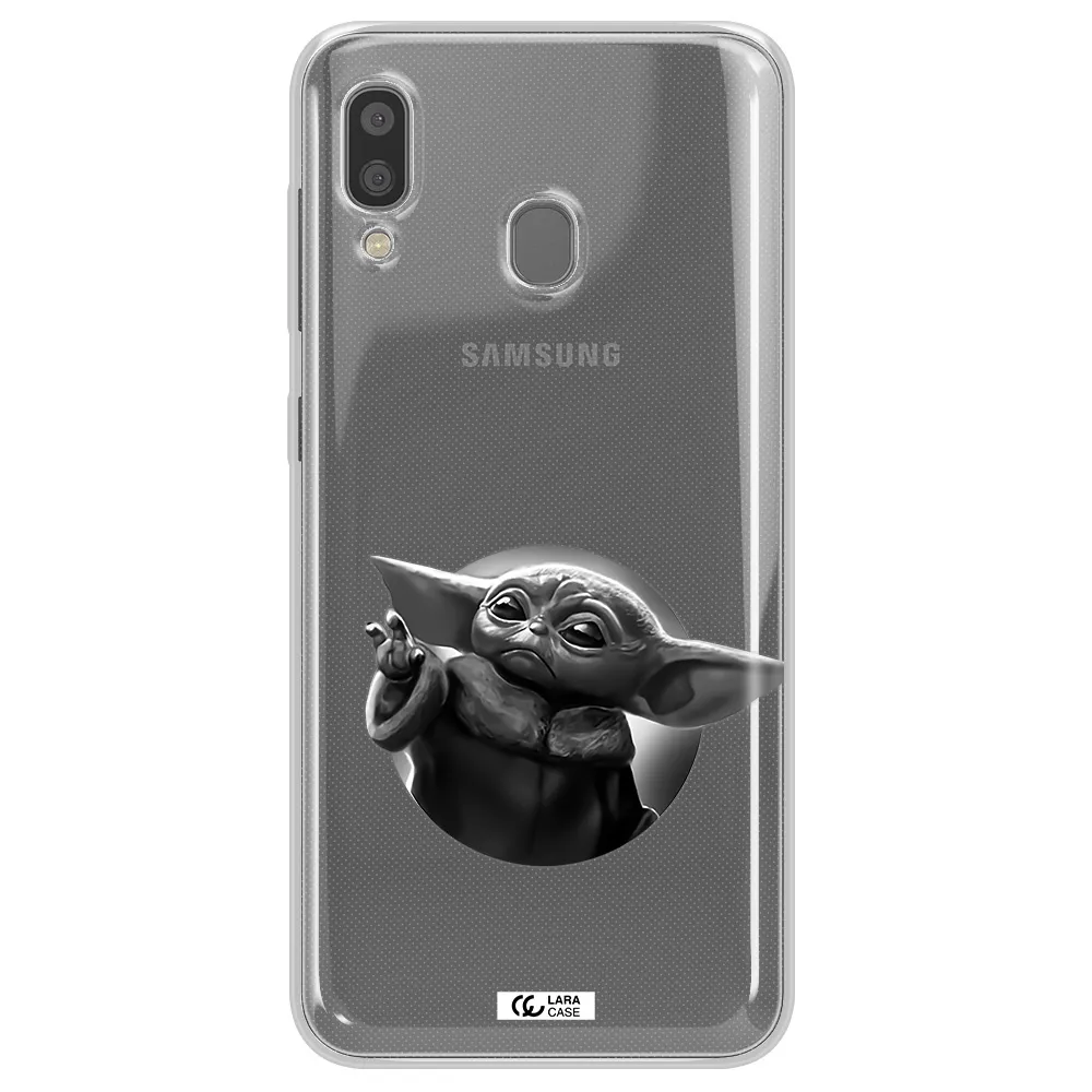 a black and white image of a baby yoda Samsung A20 Clear TPU Case