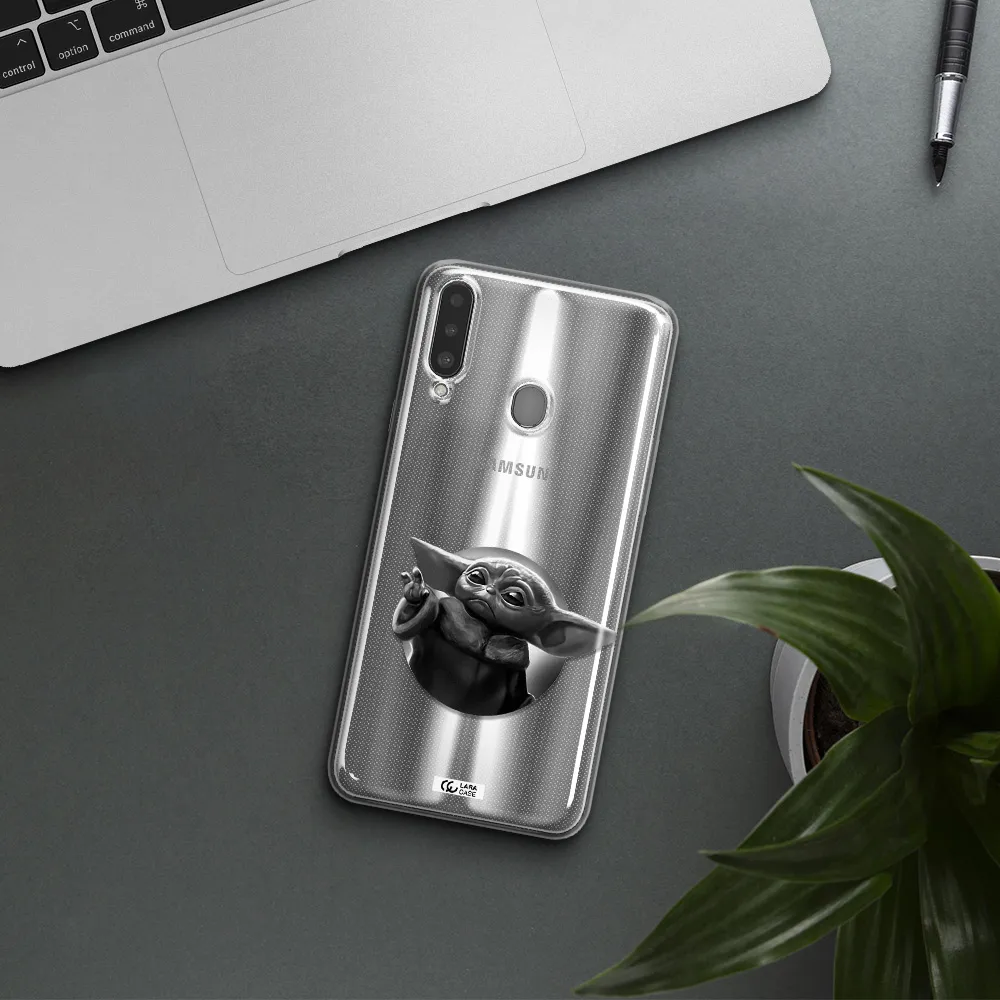 a black and white image of a baby yoda Samsung A20S Clear TPU Case