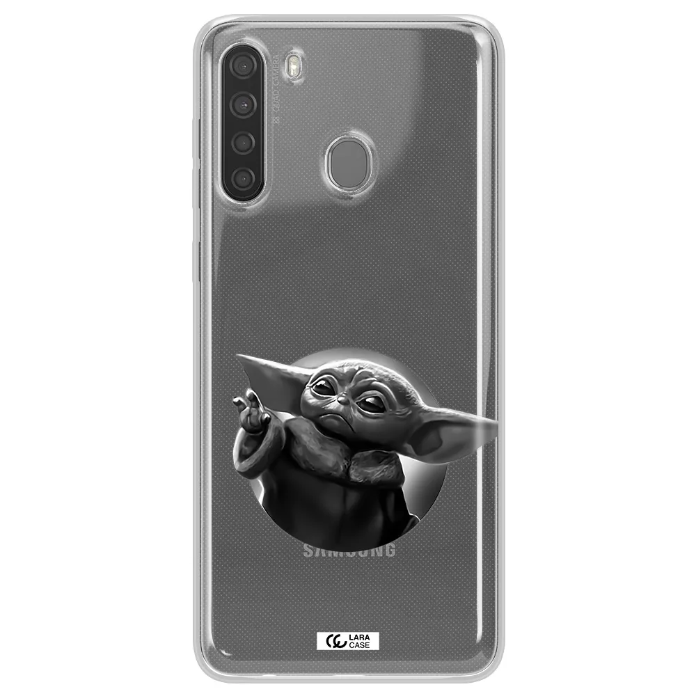 a black and white image of a baby yoda Samsung A21 Clear TPU Case