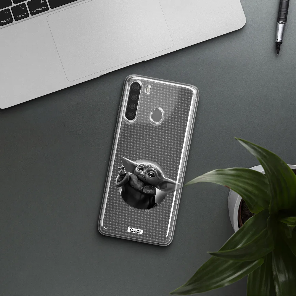 a black and white image of a baby yoda Samsung A21 Clear TPU Case