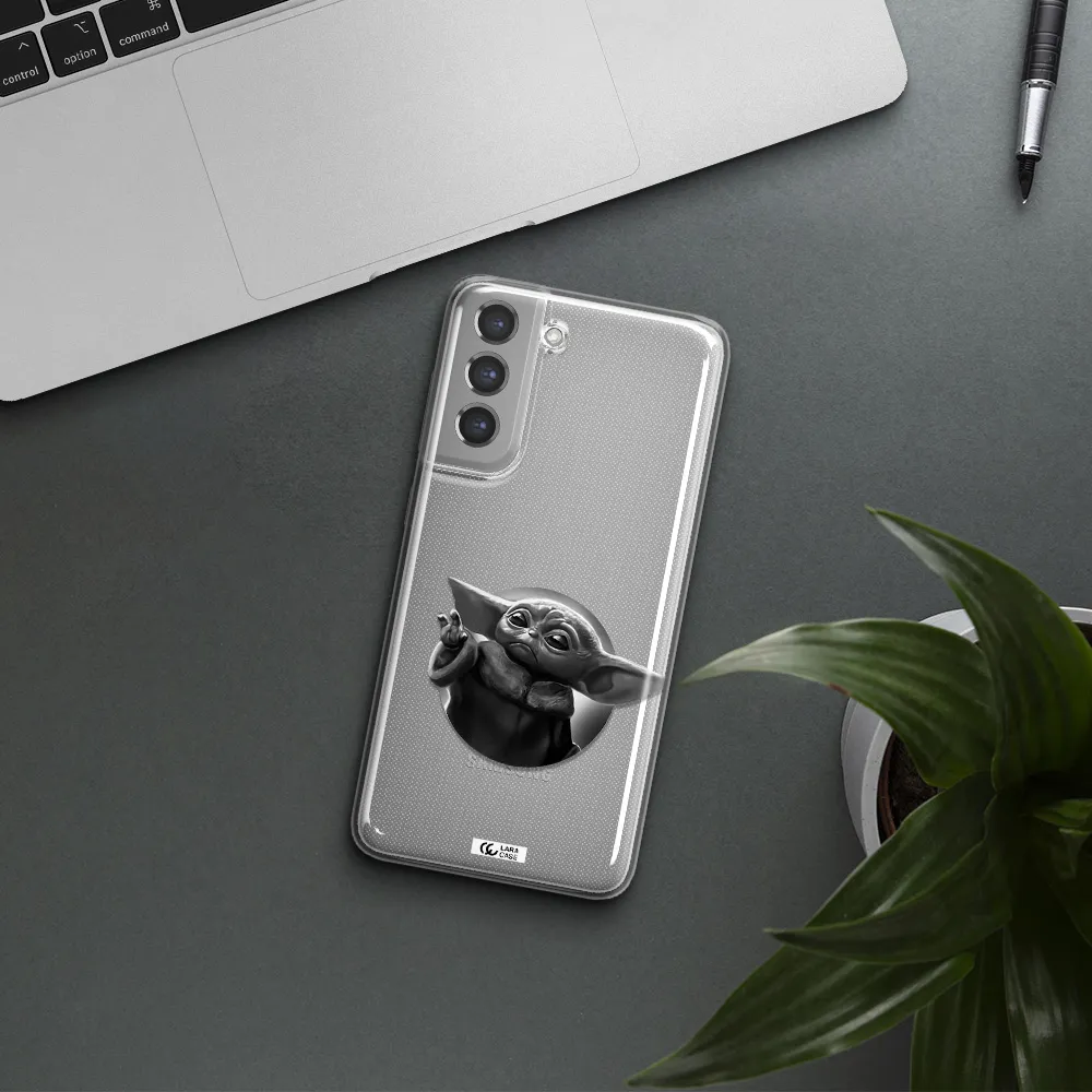 a black and white image of a baby yoda Samsung A21 Fe Clear TPU Case