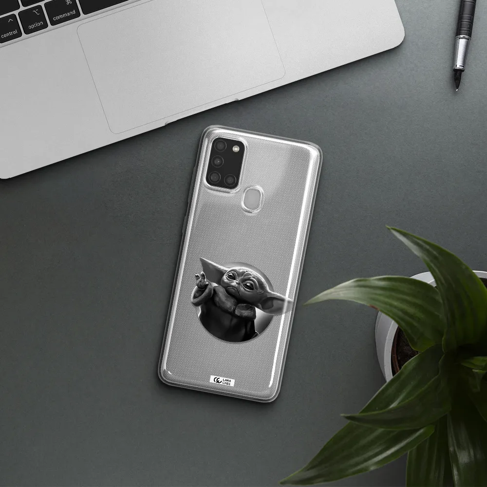 a black and white image of a baby yoda Samsung A21S Clear TPU Case