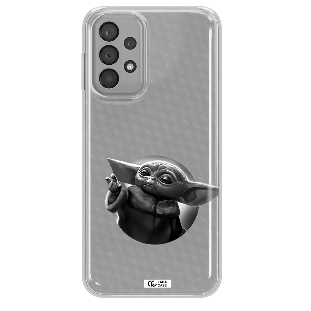 a black and white image of a baby yoda Samsung A23 Clear TPU Case