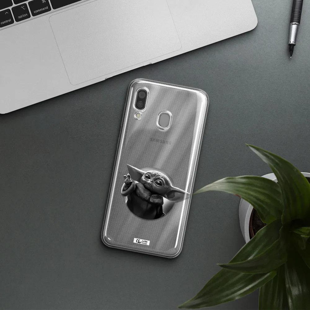 a black and white image of a baby yoda Samsung A30 Clear TPU Case