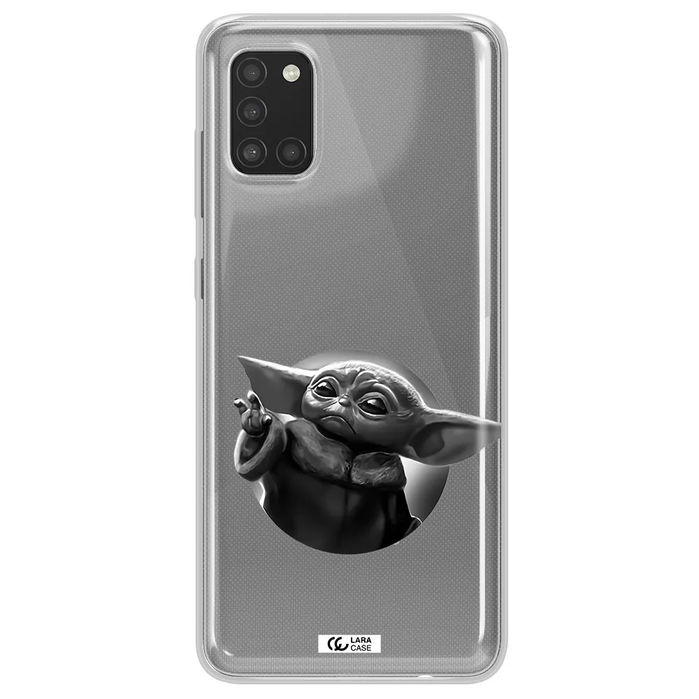 a black and white image of a baby yoda Samsung A31 Clear TPU Case