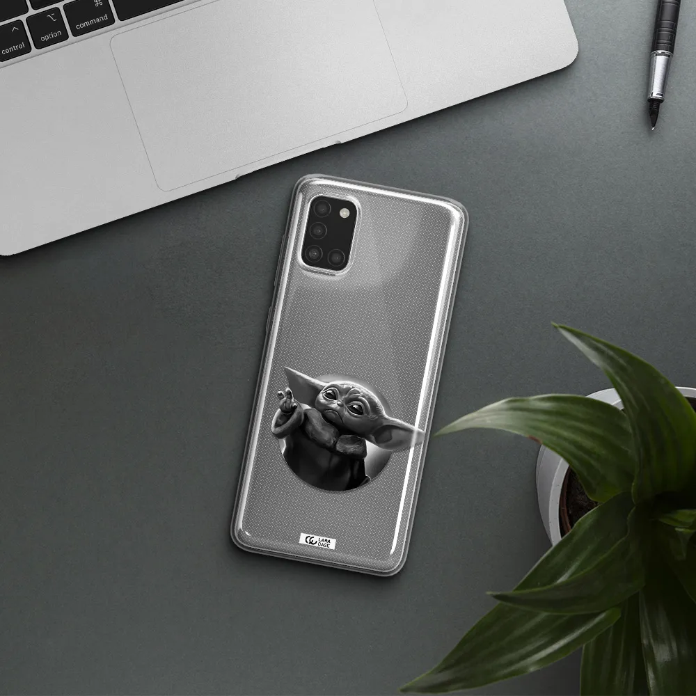 a black and white image of a baby yoda Samsung A31 Clear TPU Case
