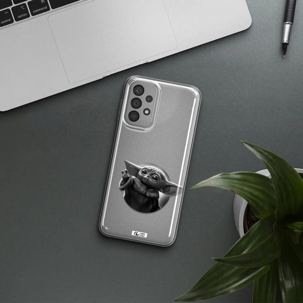 a black and white image of a baby yoda Samsung A33 Clear TPU Case
